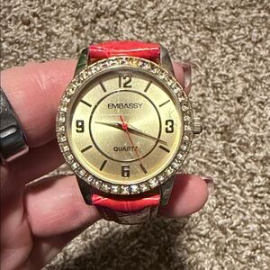Embassy Goldtone & Rhinestone Quartz Watch w/red (faux?) leather strap - EUC!